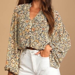 Lulus Season Of Blooms Cream Multi Floral Print Balloon Sleeve Top Beige